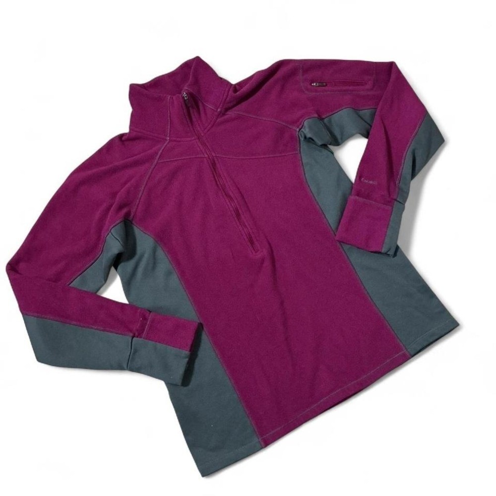 Columbia Half Zip Fleece Pullover Women M Purple Gray Hiking Thumbhole Sweater
